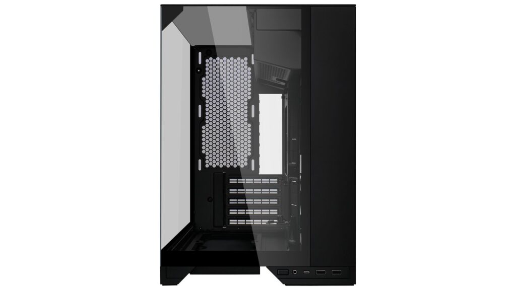 Gabinete Micro-ATX en color negro con panel lateral de vidrio, diseño de doble cámara y rejilla de ventilación en la parte trasera.