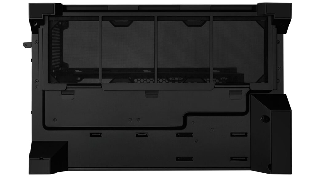 Gabinete Micro-ATX en color negro con diseño de doble cámara, paneles de vidrio templado y espacio para radiadores de 360 mm.