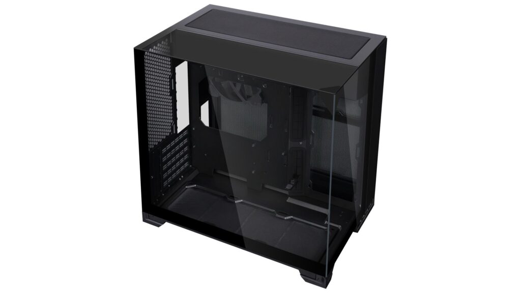 Gabinete Micro-ATX de Lian Li con diseño de doble cámara, paneles de vidrio templado y soporte para radiadores de 360 mm, en color negro.