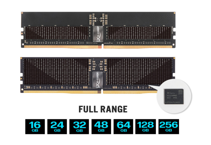 Módulos de memoria DDR5 de V-Color en colores negro y dorado, con capacidad de 16 a 256 GB, junto a un gráfico de opciones.