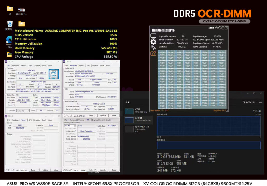 Capturas de pantalla mostrando especificaciones de módulos DDR5-8000 de 256 GB, incluyendo información de la placa madre y rendimiento del sistema.