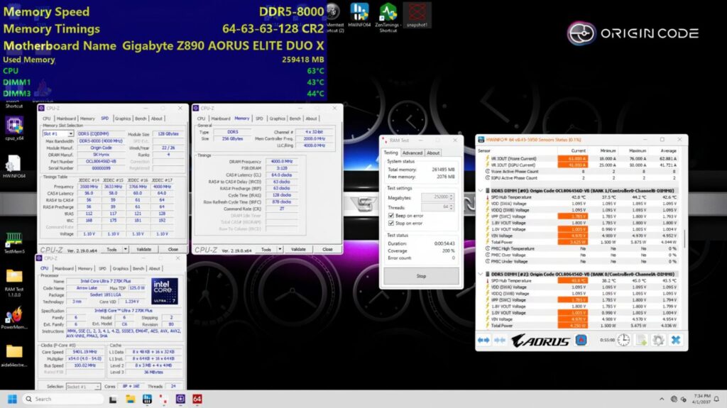Ventana de software mostrando estadísticas de rendimiento de hardware, con información de memoria y temperaturas en varios cuadros.