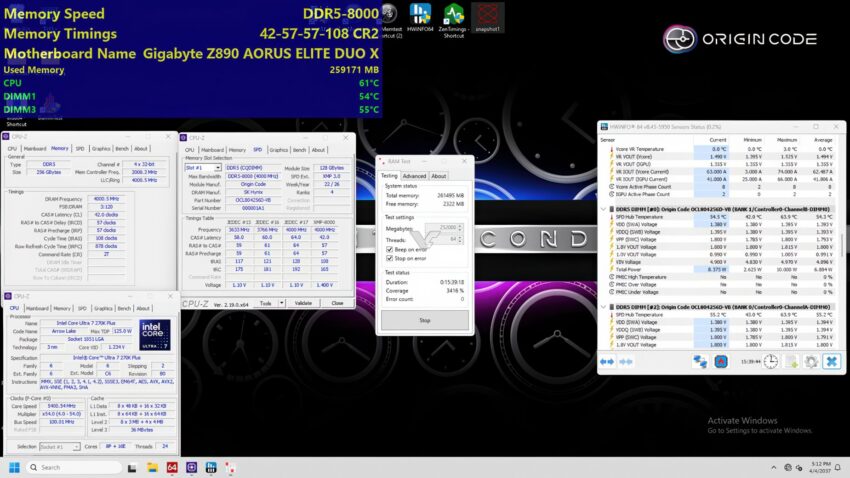 Captura de pantalla del software CPU-Z mostrando información sobre la memoria y el hardware de un sistema con fondo negro y detalles en morado.
