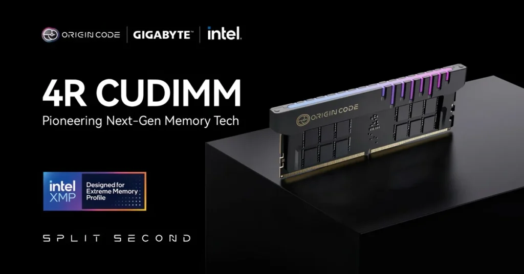 Memoria RAM CUDIMM DDR5 de 256 GB en un soporte negro, con colores morados y el logo de Origin Code y marcas asociadas.