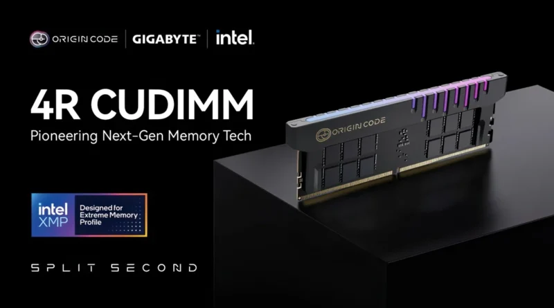 Memoria RAM CUDIMM DDR5 de 256 GB en un soporte negro, con colores morados y el logo de Origin Code y marcas asociadas.