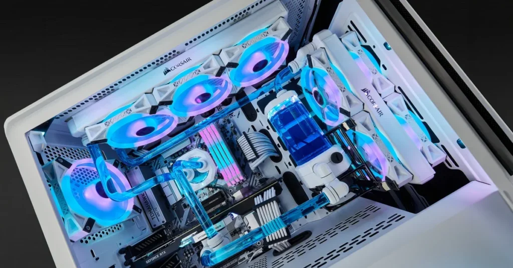 Ensamblaje de PC gaming con refrigeración líquida, componentes en blanco y azul, y ventiladores LED iluminados en tonos azules y rosas.
