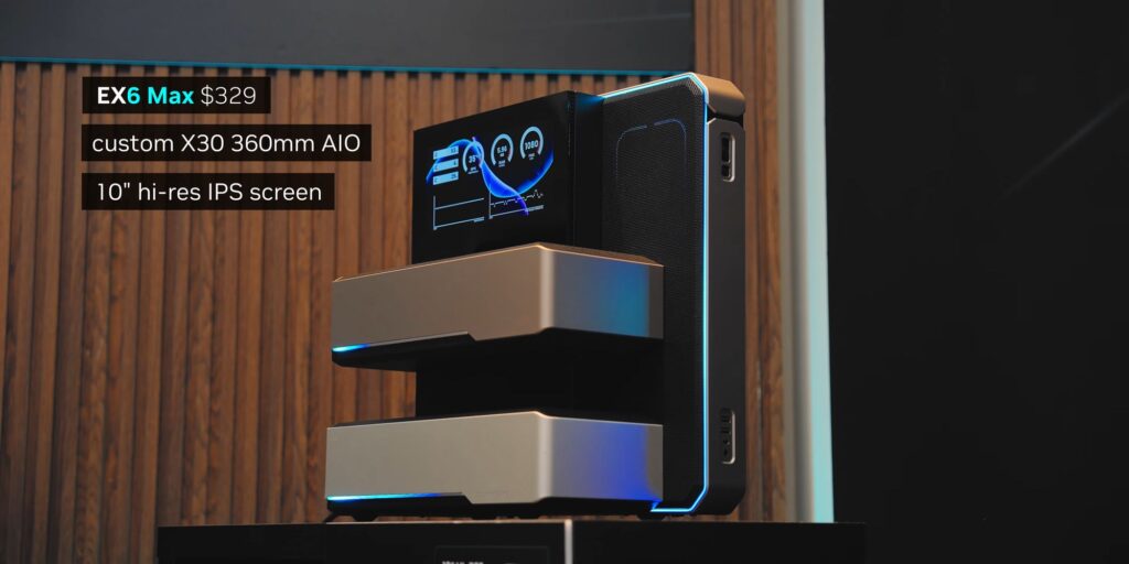 PC de escritorio Phanteks EX6 Max con pantallas e iluminación LED, caracterizada por un diseño modular y elegante en tonos metálicos.