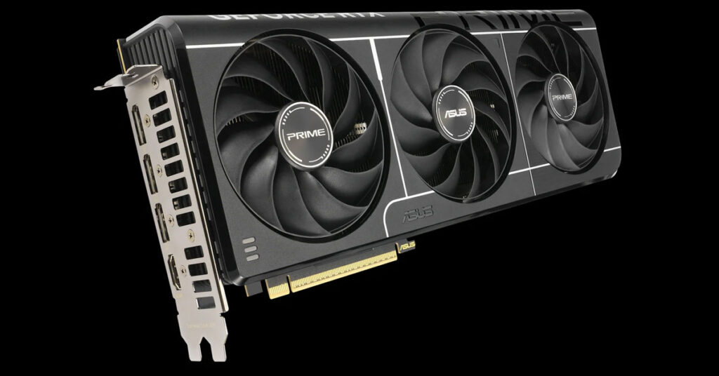 Tarjeta gráfica ASUS GeForce RTX 5080 con diseño en negro y plata, equipada con tres ventiladores y múltiples puertos de conexión.