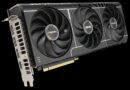 Tarjeta gráfica ASUS GeForce RTX 5080 con diseño en negro y plata, equipada con tres ventiladores y múltiples puertos de conexión.