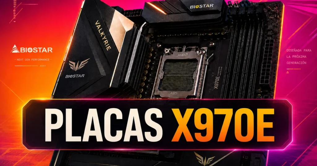 Placa base Biostar X970E con diseño elegante en negro y dorado, resaltando el zócalo AMD con fondo colorido y llamativo.