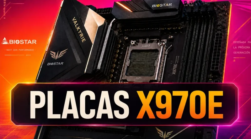Placa base Biostar X970E con diseño elegante en negro y dorado, resaltando el zócalo AMD con fondo colorido y llamativo.