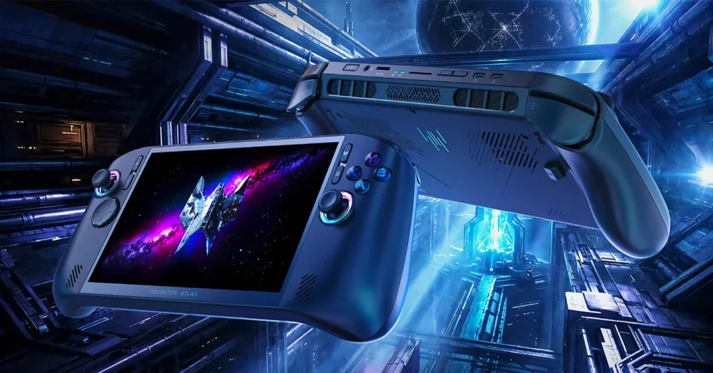 Dispositivo portátil Predator Atlas 8 con pantalla vibrante, en un fondo futurista de tonos azules y morados, resaltando tecnología avanzada.