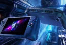 Dispositivo portátil Predator Atlas 8 con pantalla vibrante, en un fondo futurista de tonos azules y morados, resaltando tecnología avanzada.