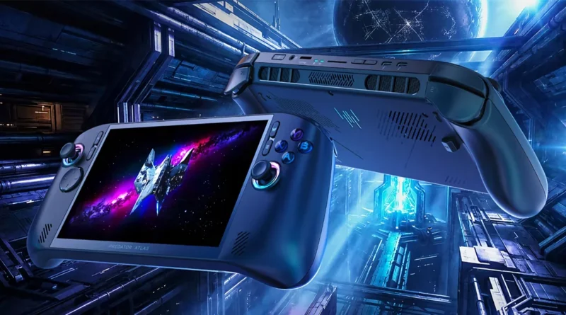 Dispositivo portátil Predator Atlas 8 con pantalla vibrante, en un fondo futurista de tonos azules y morados, resaltando tecnología avanzada.