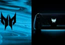 Logo de Acer Predator en fondo azul con textura, junto a un controlador iluminado en negro con detalles nítidos en azul.