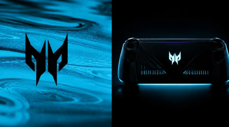 Logo de Acer Predator en fondo azul con textura, junto a un controlador iluminado en negro con detalles nítidos en azul.