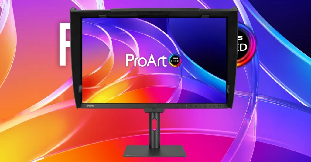 Monitor ProArt OLED con colores vibrantes y diseño elegante, presentado frente a un fondo abstracto en tonos púrpura y naranja.