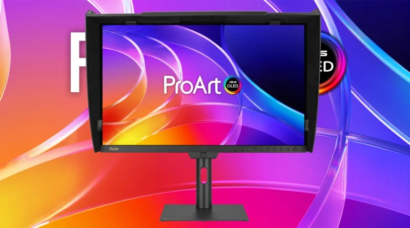 Monitor ProArt OLED con colores vibrantes y diseño elegante, presentado frente a un fondo abstracto en tonos púrpura y naranja.