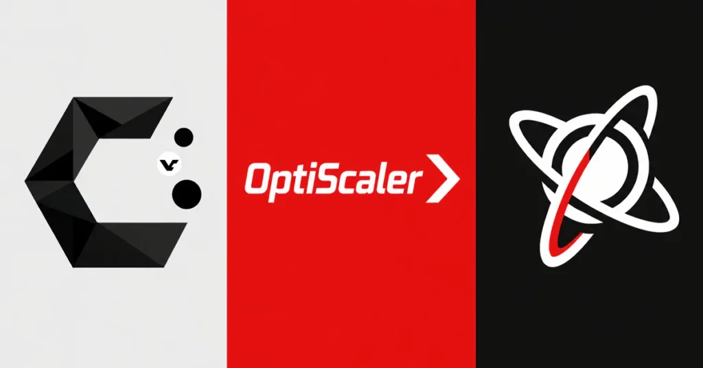 Logos de Proton y OptiScaler en una composición con fondo blanco, rojo y negro, destacando sus formas geométricas y colores vibrantes.