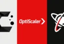 Logos de Proton y OptiScaler en una composición con fondo blanco, rojo y negro, destacando sus formas geométricas y colores vibrantes.