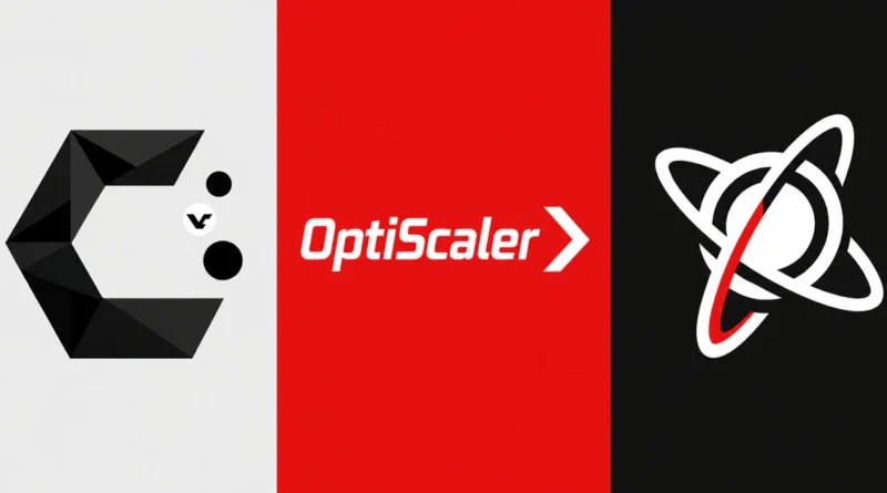 Logos de Proton y OptiScaler en una composición con fondo blanco, rojo y negro, destacando sus formas geométricas y colores vibrantes.