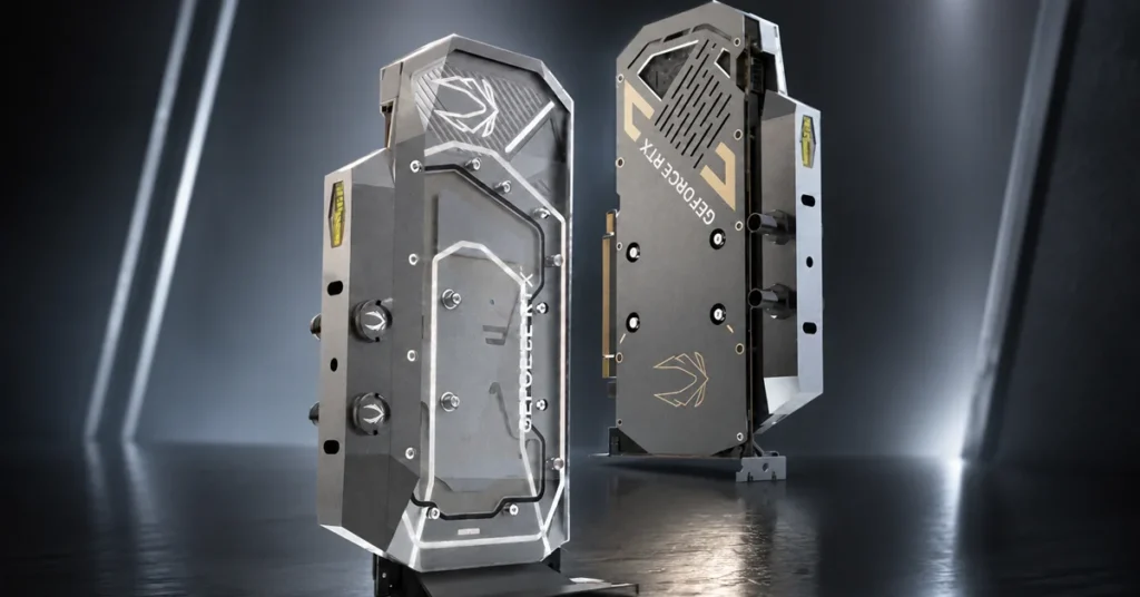 Prototipos de la tarjeta gráfica GeForce RTX 5080 con refrigeración líquida, tonalidades plateadas y negros, resaltando su diseño futurista.