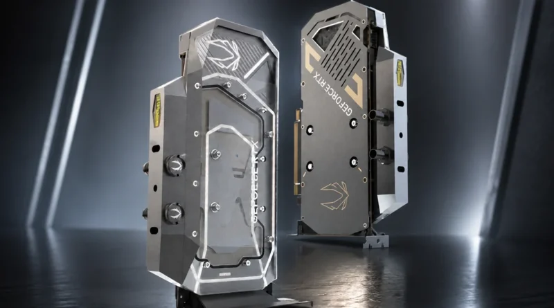 Prototipos de la tarjeta gráfica GeForce RTX 5080 con refrigeración líquida, tonalidades plateadas y negros, resaltando su diseño futurista.