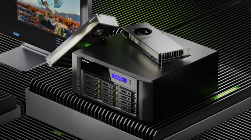 NAS QNAP negro con GPU RTX PRO 6000 de 96 GB, sobre una superficie de líneas verdes, junto a un monitor. Diseño moderno y tecnológico.