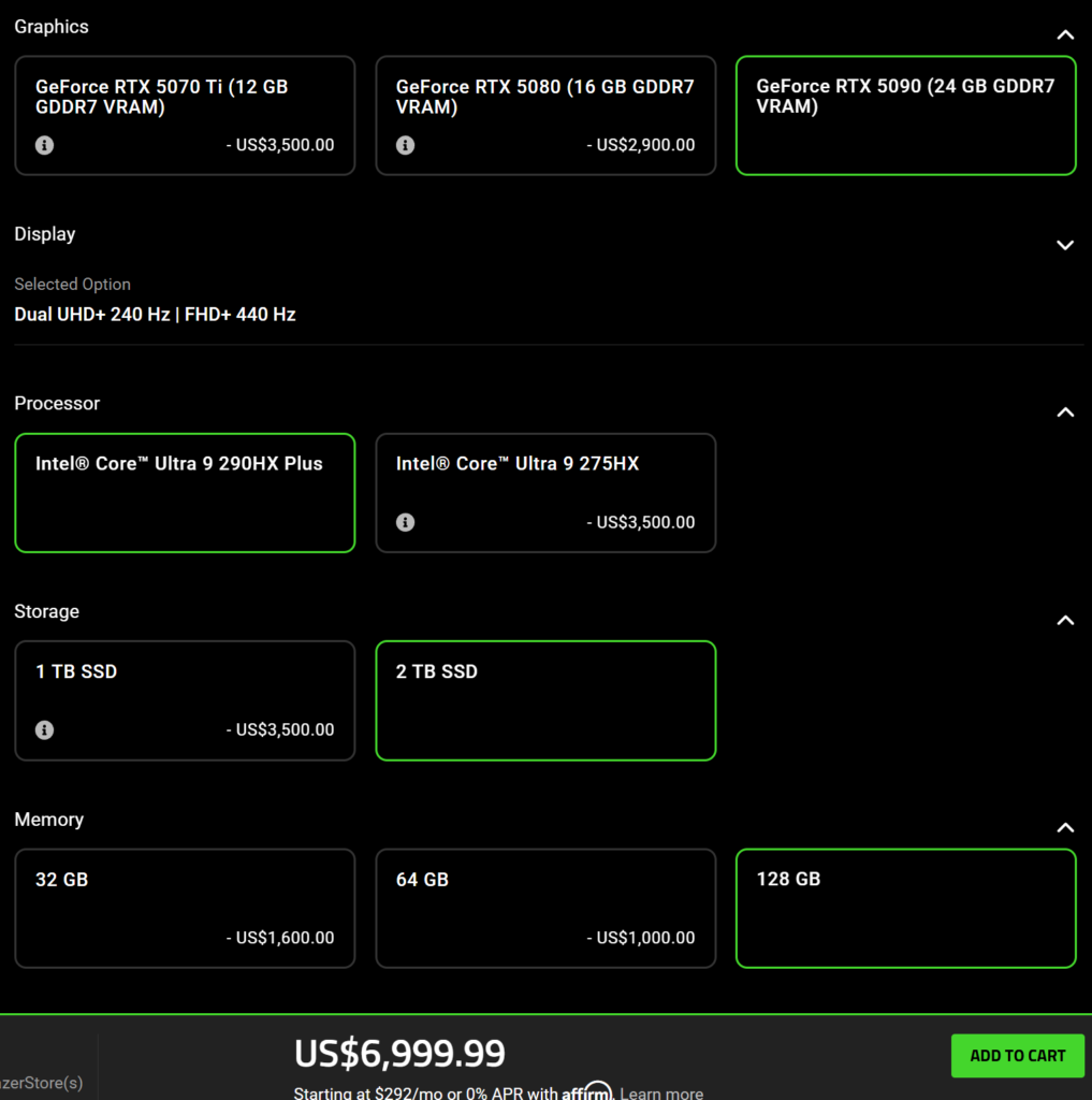 Especificaciones de una laptop para juegos, con detalles en negro y verde sobre GPU, pantalla, procesador, almacenamiento y memoria.