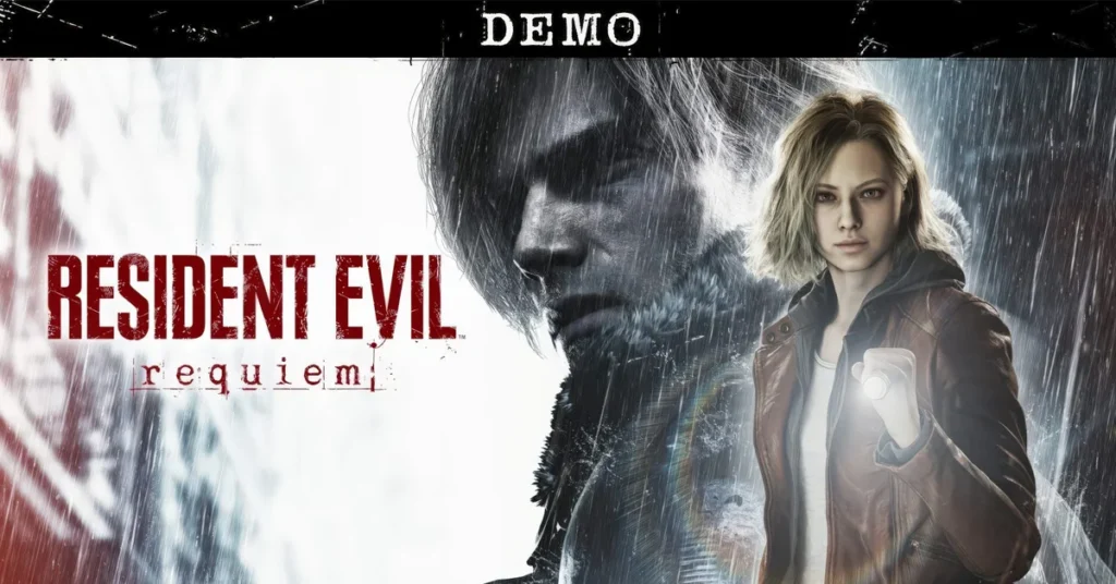 Héroes de Resident Evil, con un fondo oscuro; un personaje masculino con mirada intensa y una mujer sosteniendo una linterna.