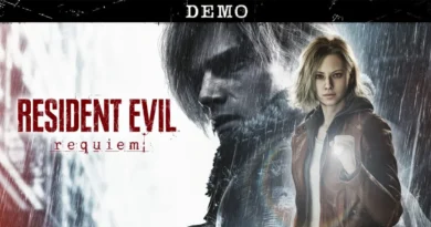 Héroes de Resident Evil, con un fondo oscuro; un personaje masculino con mirada intensa y una mujer sosteniendo una linterna.