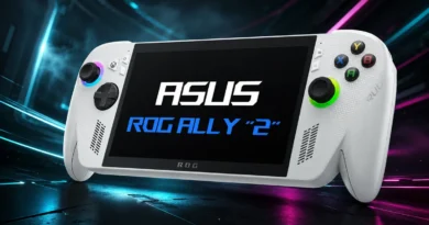 Controladora blanca de ASUS ROG Ally "2" con botones de colores, sobre un fondo dinámico con luces en tonos azul y rosa.