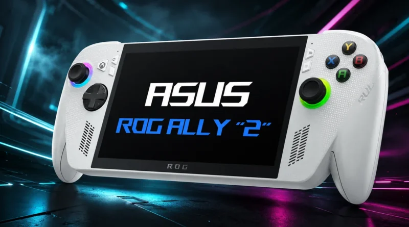 Controladora blanca de ASUS ROG Ally "2" con botones de colores, sobre un fondo dinámico con luces en tonos azul y rosa.