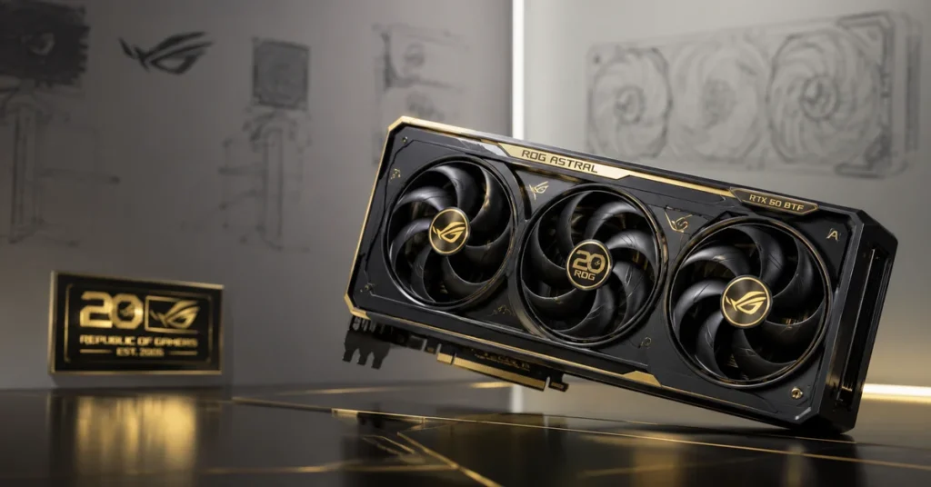 Tarjeta gráfica ROG Astral RTX 50 en negro y dorado, con tres ventiladores y fondo blanco con diseño minimalista.