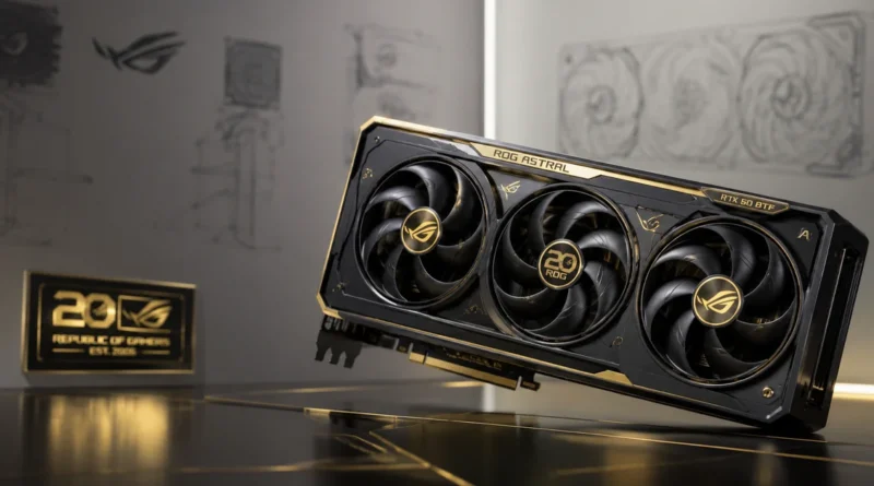 Tarjeta gráfica ROG Astral RTX 50 en negro y dorado, con tres ventiladores y fondo blanco con diseño minimalista.