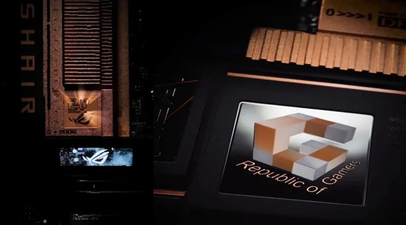 Placa madre ROG Crosshair X870E con detalles en negro y dorado, destacando el logo "Republic of Gamers" en un diseño estilizado.