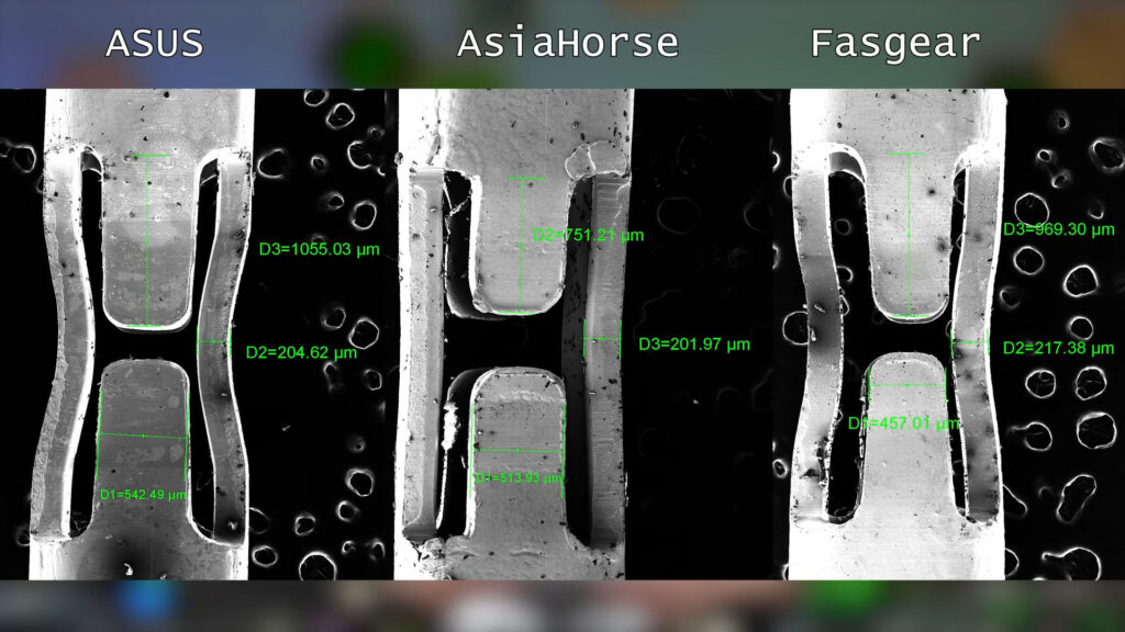 Comparativa de secciones transversales de cables de tres marcas: ASUS, AsiaHorse y Fasgear, con datos de medidas en verde y fondo oscuro.