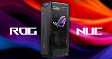 Torres de PC ROG en un fondo colorido, con el logo "FOR THOSE WHO DARE" y los textos "ROG" y "NUC" destacados.