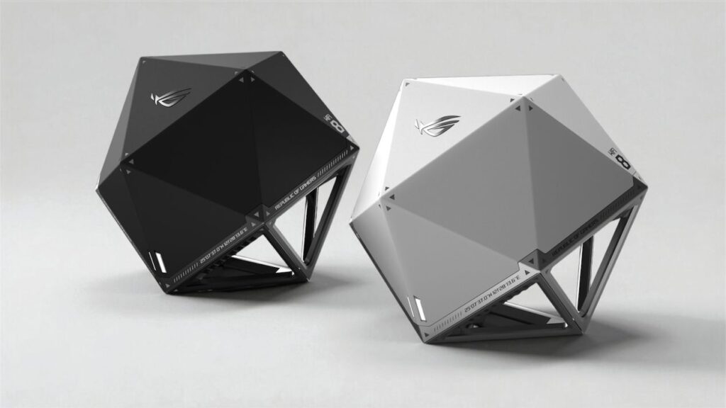Dos estructuras geométricas en forma de dodecaedro, una negra y otra blanca, con detalles de diseño moderno y logotipo visible.