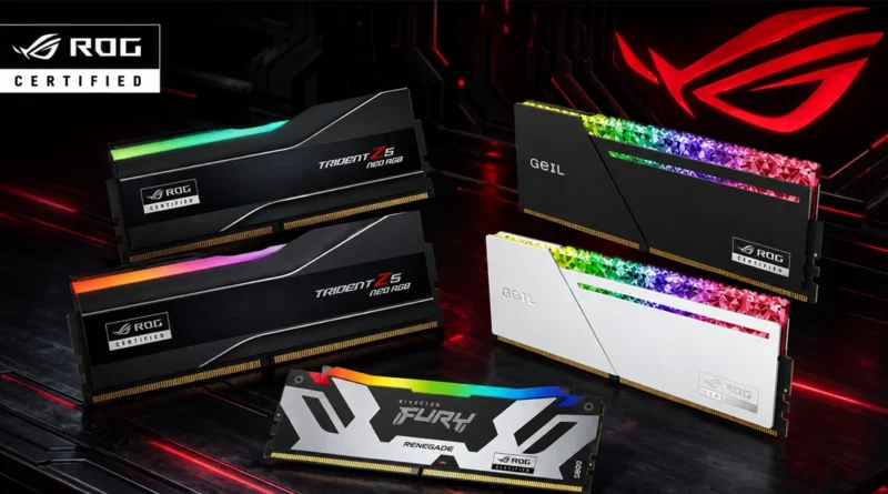 Memorias RAM DDR5 RGB de las marcas G.Skill y Kingston, con diseño elegante y luces multicolores, sobre un fondo oscuro.