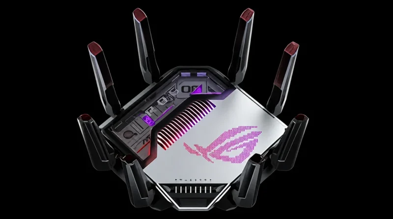Router de ASUS con diseño hexagonal, antenas en negro y detalles en púrpura, incluida la logo ROG iluminado en la parte superior.
