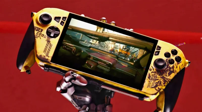 Controlador de videojuegos personalizado en tonos amarillos y negros, mostrando un juego de conducción en su pantalla, sostenido por un brazo robótico.
