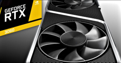 Tarjeta gráfica GeForce RTX 3060 con diseño negro y ventiladores prominentes, acompañada de una caja de marca NVIDIA en amarillo y negro.