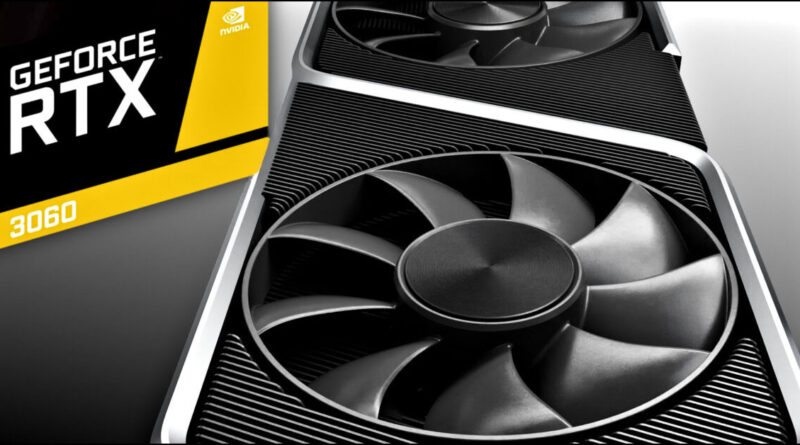 Tarjeta gráfica GeForce RTX 3060 con diseño negro y ventiladores prominentes, acompañada de una caja de marca NVIDIA en amarillo y negro.