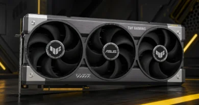 Tarjeta gráfica GeForce RTX 5080 TUF con diseño industrial, tres ventiladores grandes y acabados en negro y plata, sobre fondo oscuro.