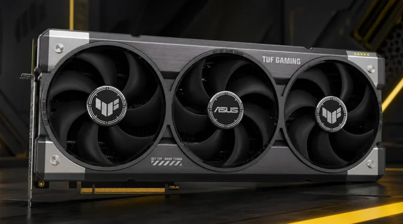 Tarjeta gráfica GeForce RTX 5080 TUF con diseño industrial, tres ventiladores grandes y acabados en negro y plata, sobre fondo oscuro.