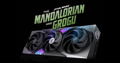 Tarjeta gráfica con diseño de Star Wars, colores negro y plateado, tres ventiladores visibles, texto "The Mandalorian and Grogu".