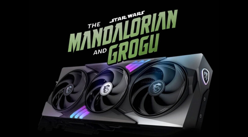 Tarjeta gráfica con diseño de Star Wars, colores negro y plateado, tres ventiladores visibles, texto "The Mandalorian and Grogu".