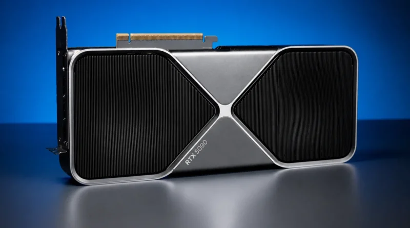 Tarjeta gráfica RTX 5090 con un diseño elegante, colores negro y plateado, presentada en un fondo azul oscuro.