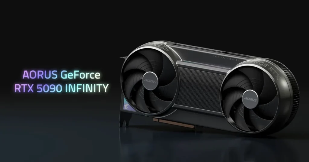 Tarjeta gráfica AORUS GeForce RTX 5090 INFINITY, con diseño elegante y dos ventiladores grandes, sobre fondo oscuro.